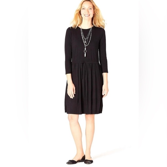 J Jill Pleated Dress Black Large Long Sleeve Drawstring Waist Soft Stretch Knee - Picture 2 of 9
